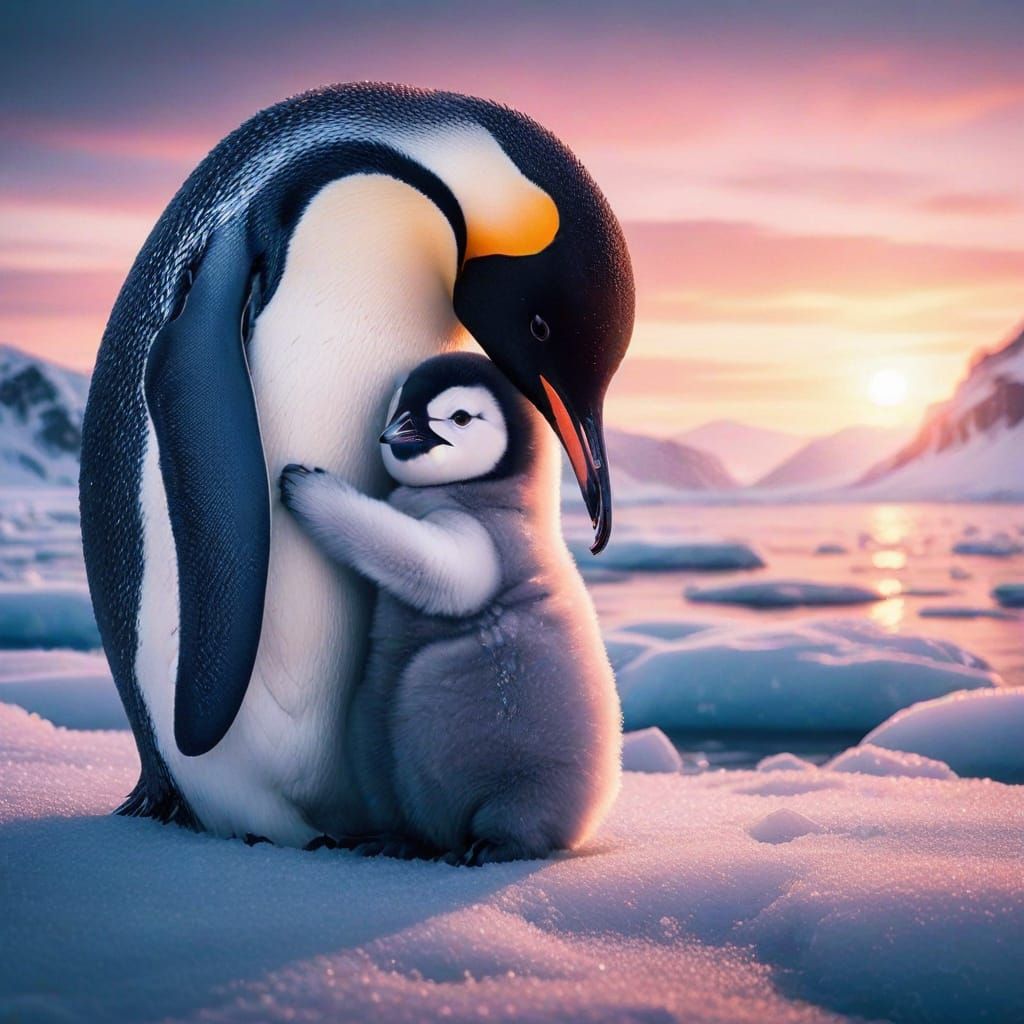 Mother Penguin Cuddles with Baby in Serene Wildlife Scene
