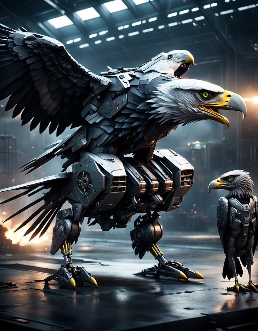 Hybrid of bald eagle and lockhead Martin F-35 lightning II having head of vulture, metallic mechanised wings embedded wi...