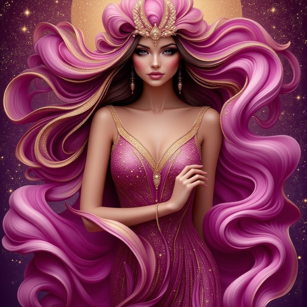 Ethereal Woman in Magenta Mist with Golden Outlines in Dream...
