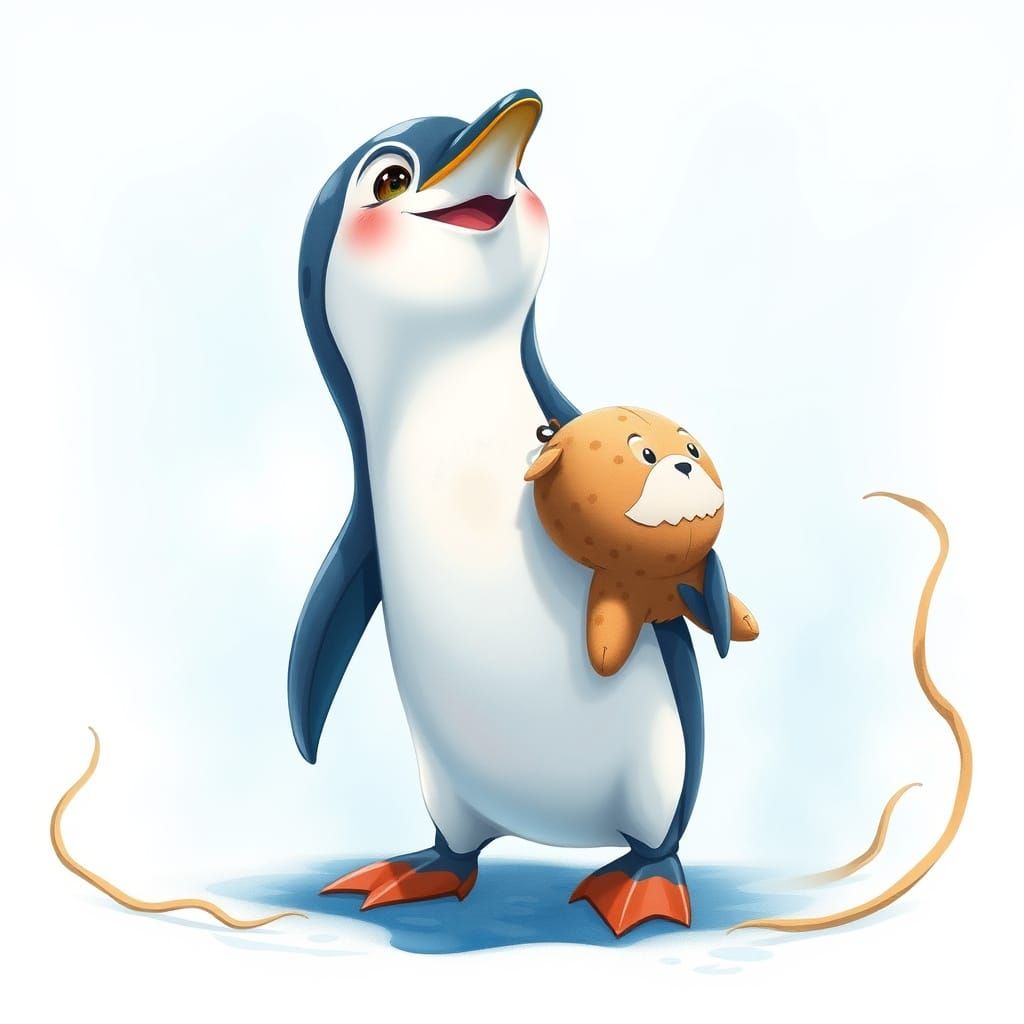 Surreal Dolphin Penguin Hybrid Plays with Stuffed Toy in Oce...