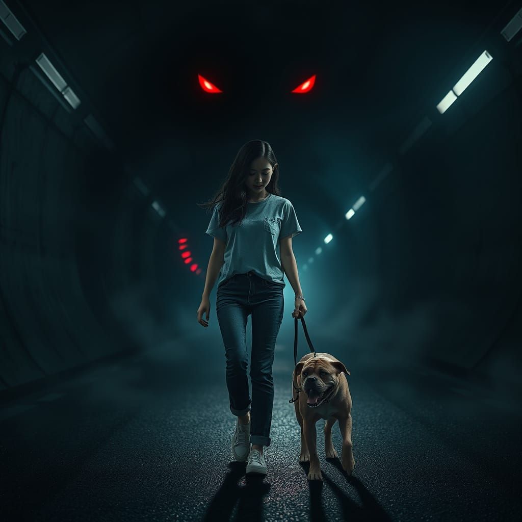 Woman Walks Dog in Dark Tunnel with Red Eyes