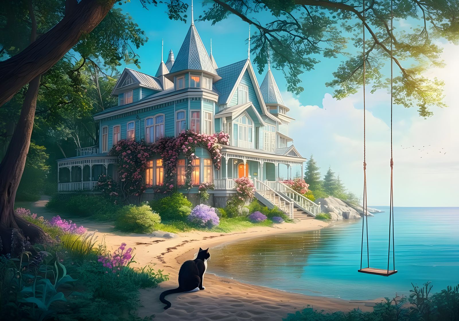 Whimsical Victorian Mansion Scene with a Curious Black Cat