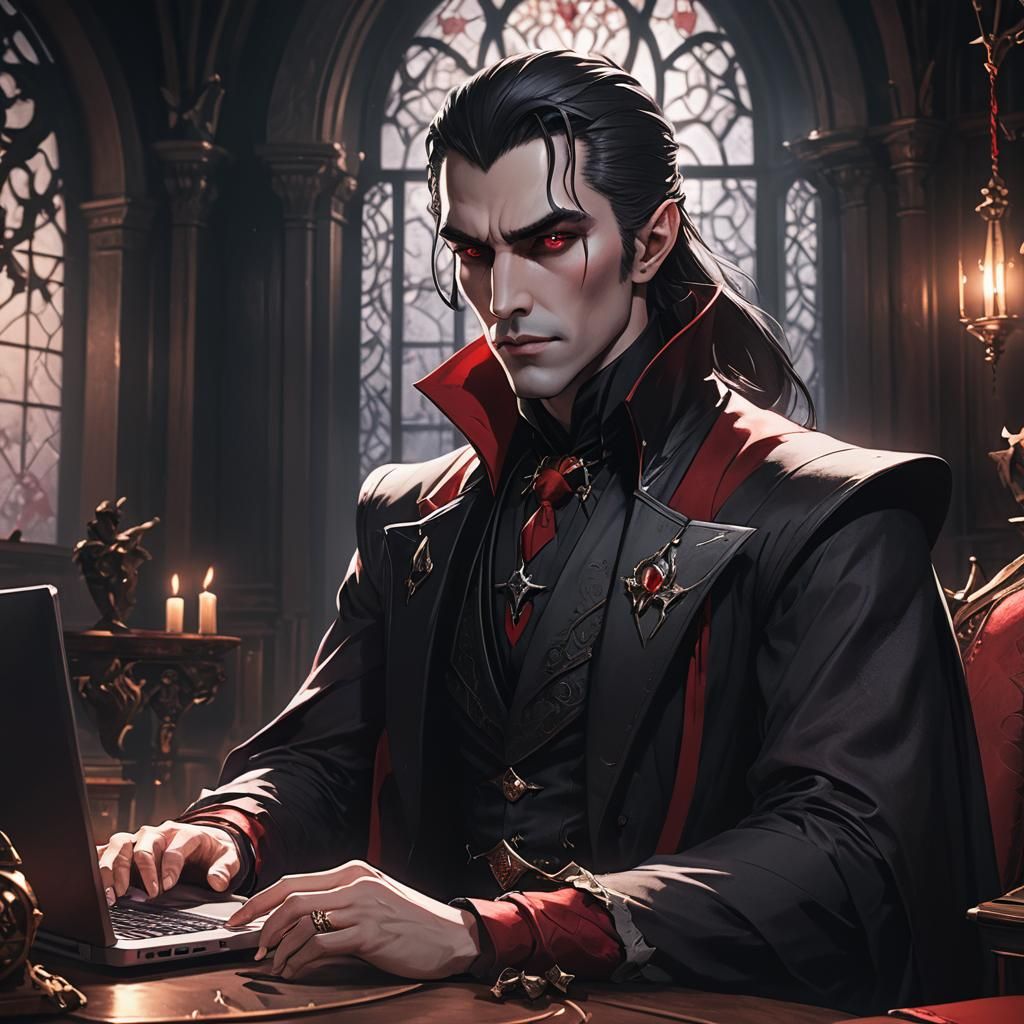 Dracula as Stylish Anime YouTuber in Dark Study