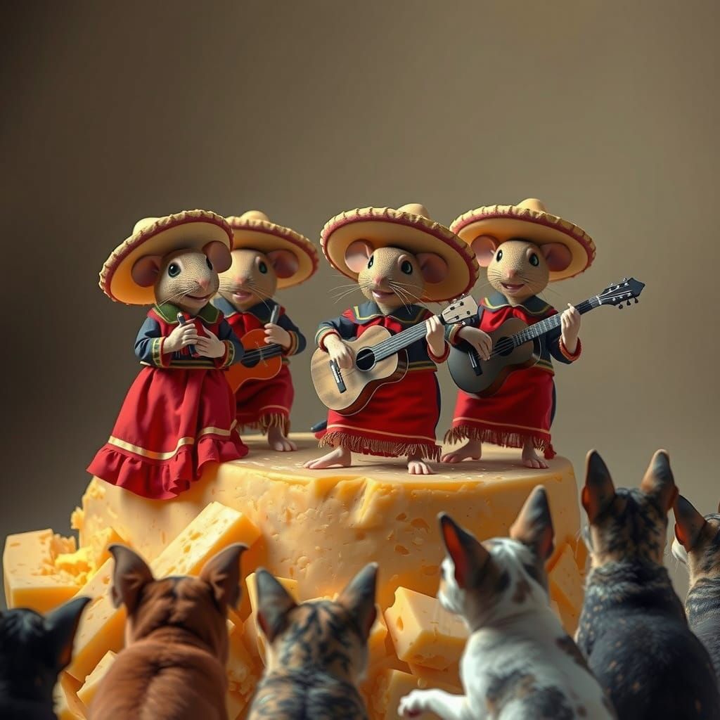 A mouse Mariachi Band in full Mexican clothing, all wearing Mexican hats standing on a pile of cheese, playing music for...