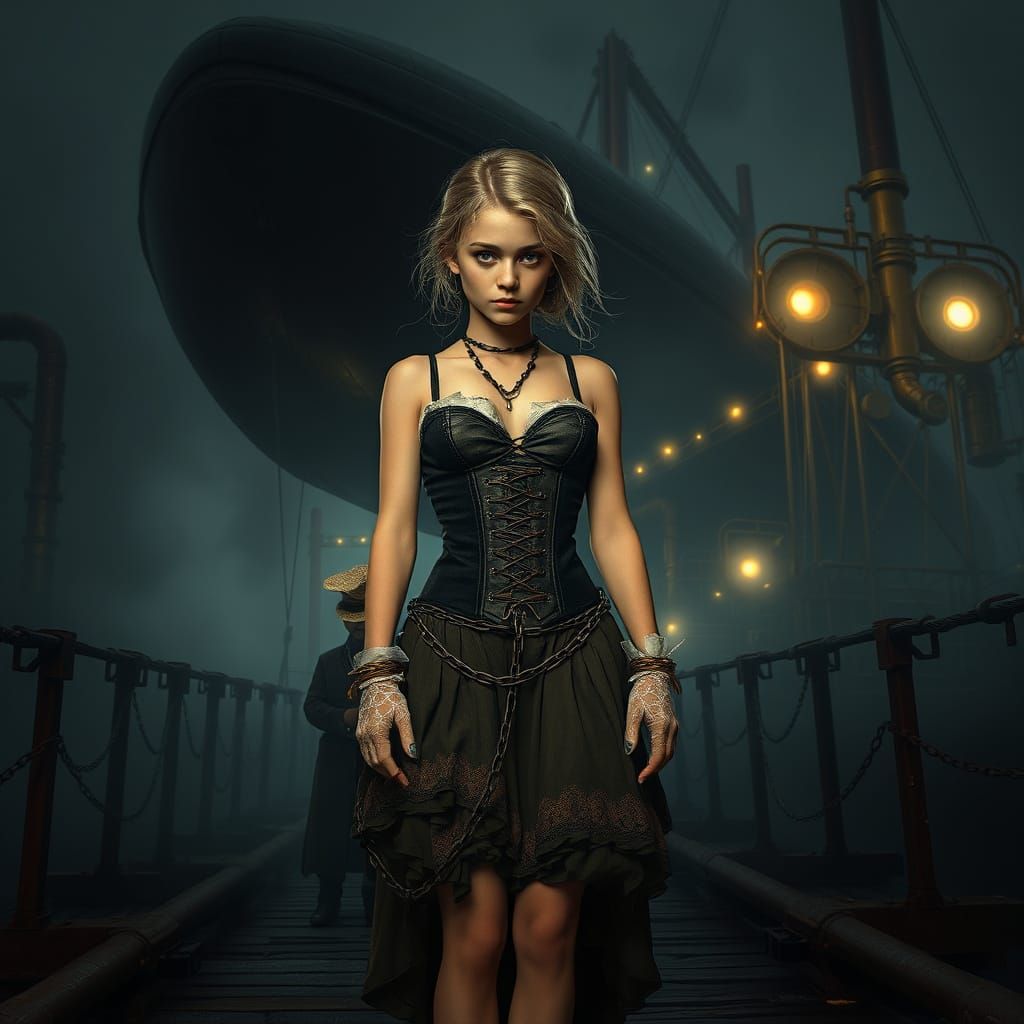 Bound Maiden Awaits Fate on Fog-Shrouded Dock