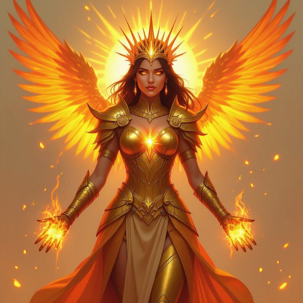 Sunfire Empress in Golden Armor with Fiery Wings