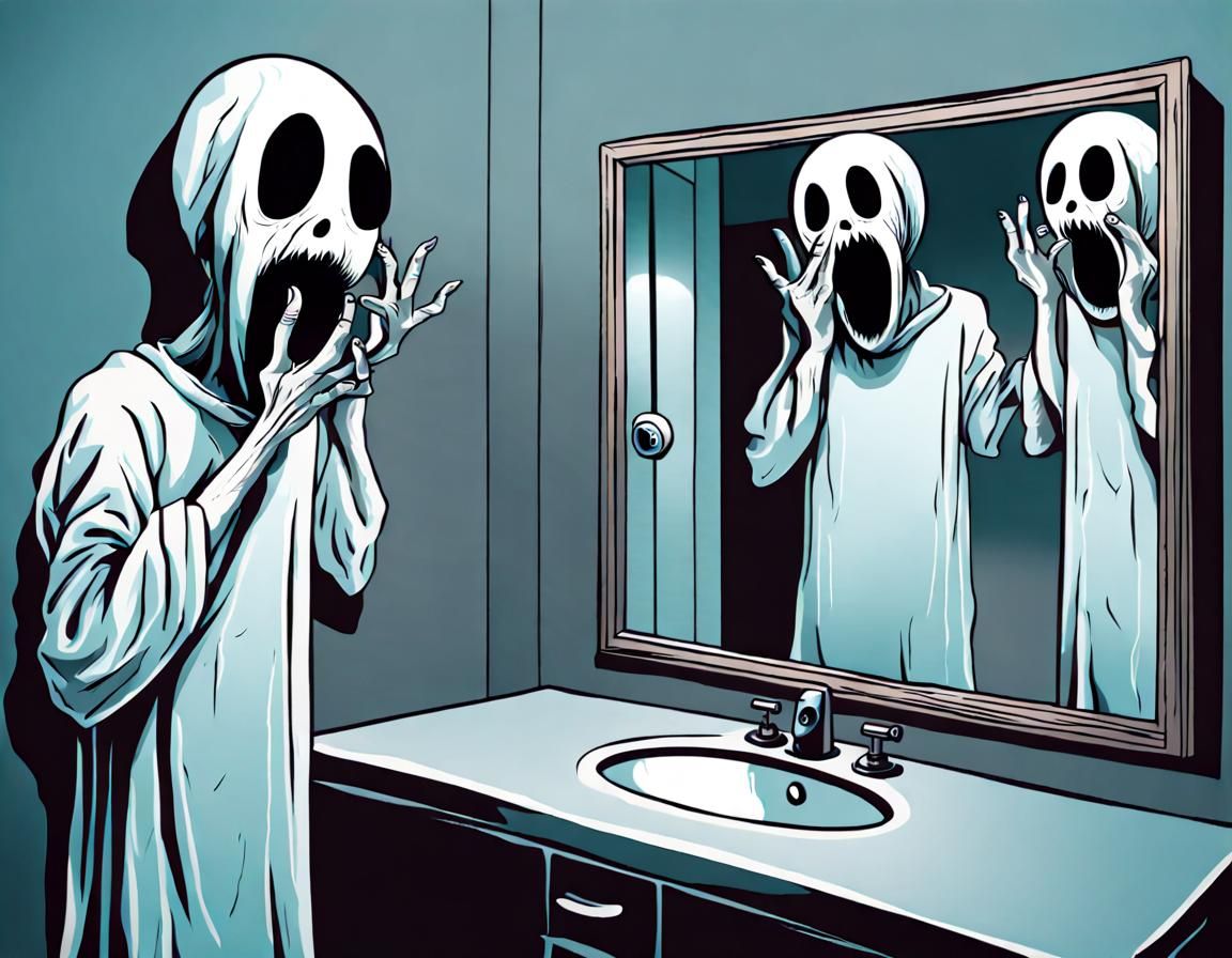 Horror Image: Ghostly Reflection in Bathroom Mirror