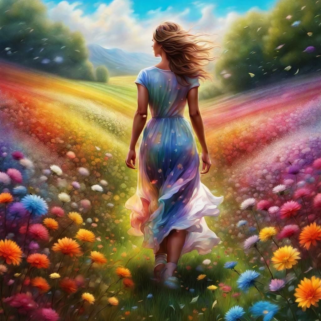 Woman Walking Through Rainbow Flower Field