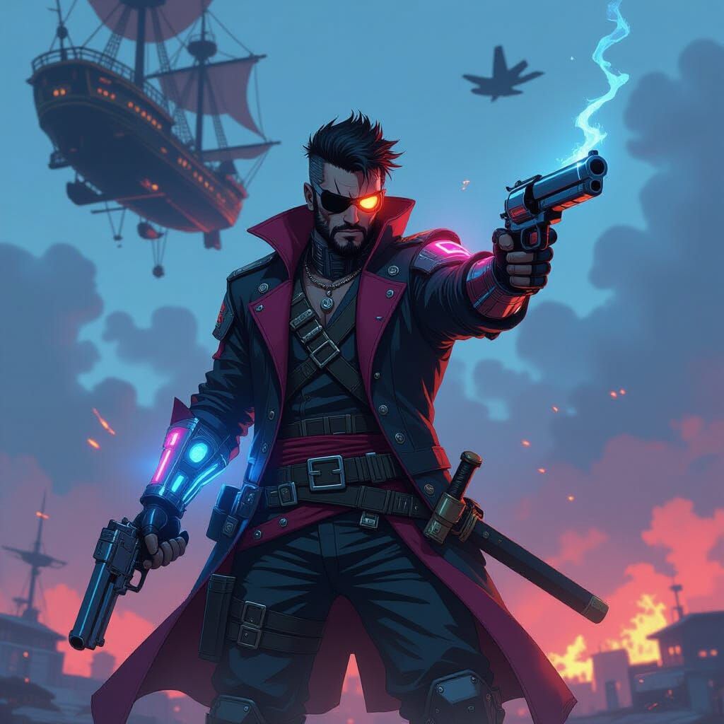 Cyberpunk Pirate in Epic Airship Battle