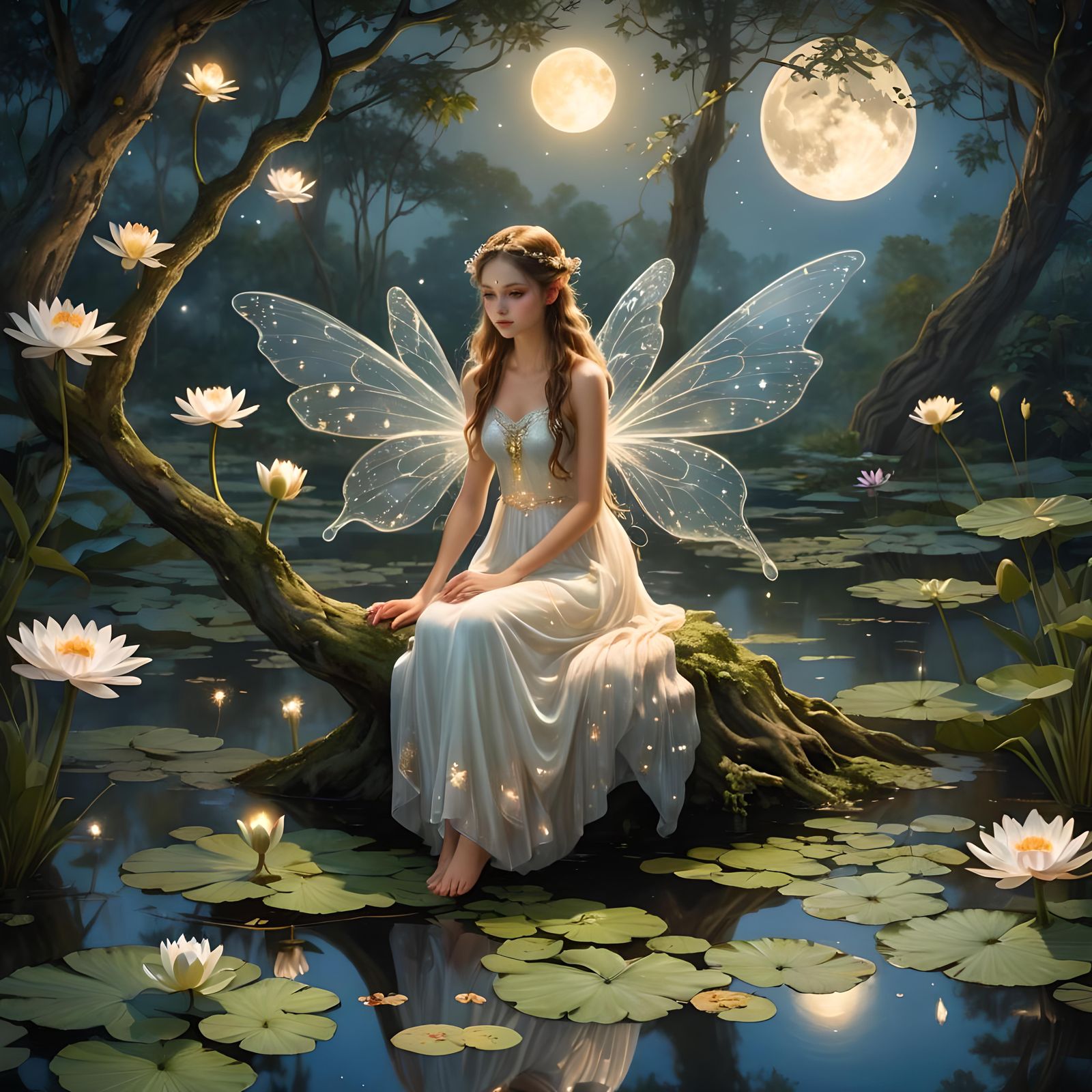 Ethereal Fairy in Moonlight by a Mystical Pond