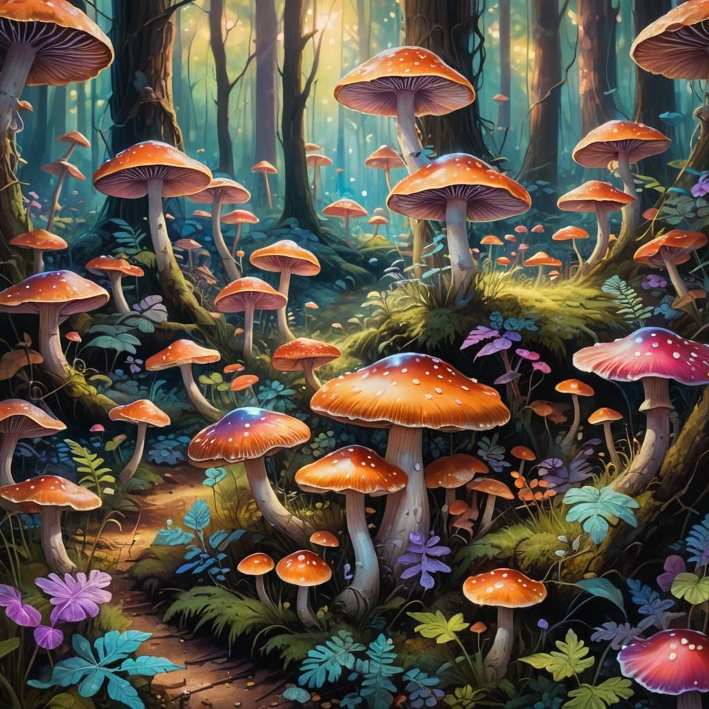 Psychedelic Mushroom in Dreamlike Forest, Surrealist Paintin...