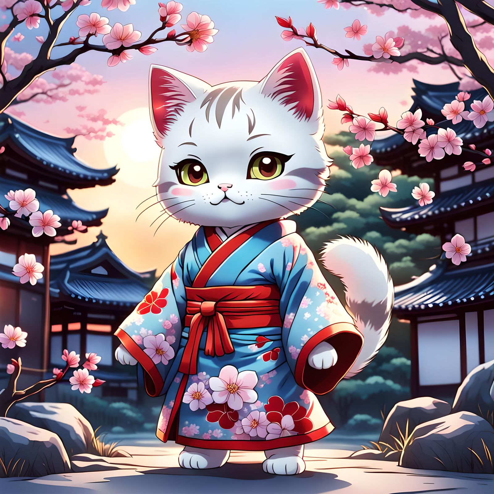Chibi Cat in Kimono: Manga Style Illustration