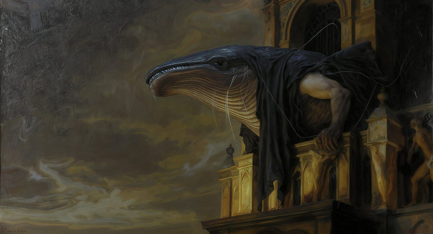 Anthropomorphic Whale in Notre Dame, Surreal Digital Art