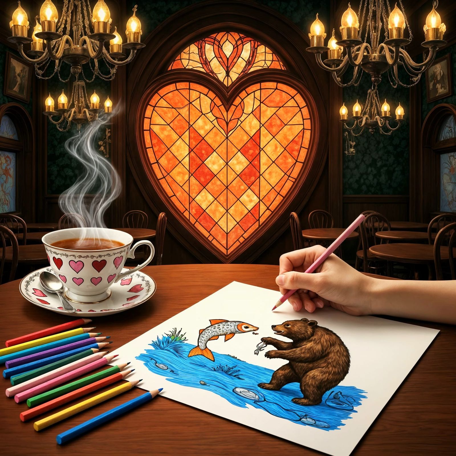 Enchanted Gothic Cafe Interior with Woman Sketching a Bear