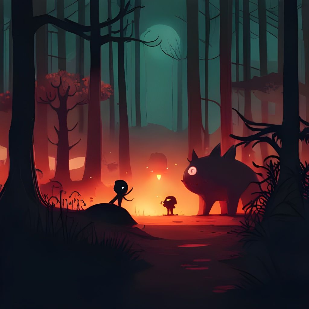 Cute Shadow Monsters in Forest, Digital Illustration
