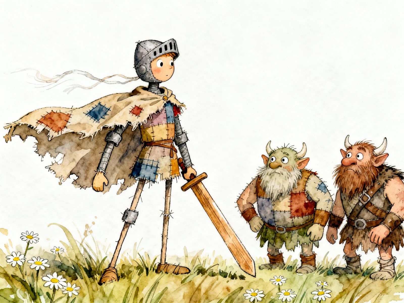 Quirky Rag-Doll Knight Battles Trolls in Delicate Watercolor...