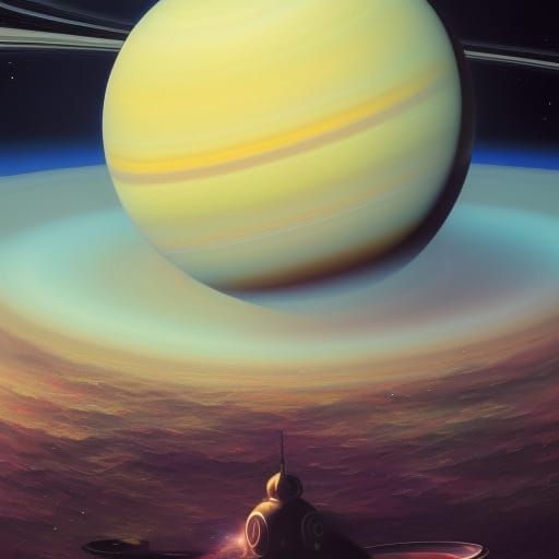 Hyperrealistic Saturn and Moons in Spacecore Style