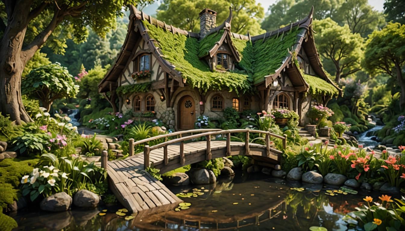 Whimsical Elven Cottage in Fantasy Landscape