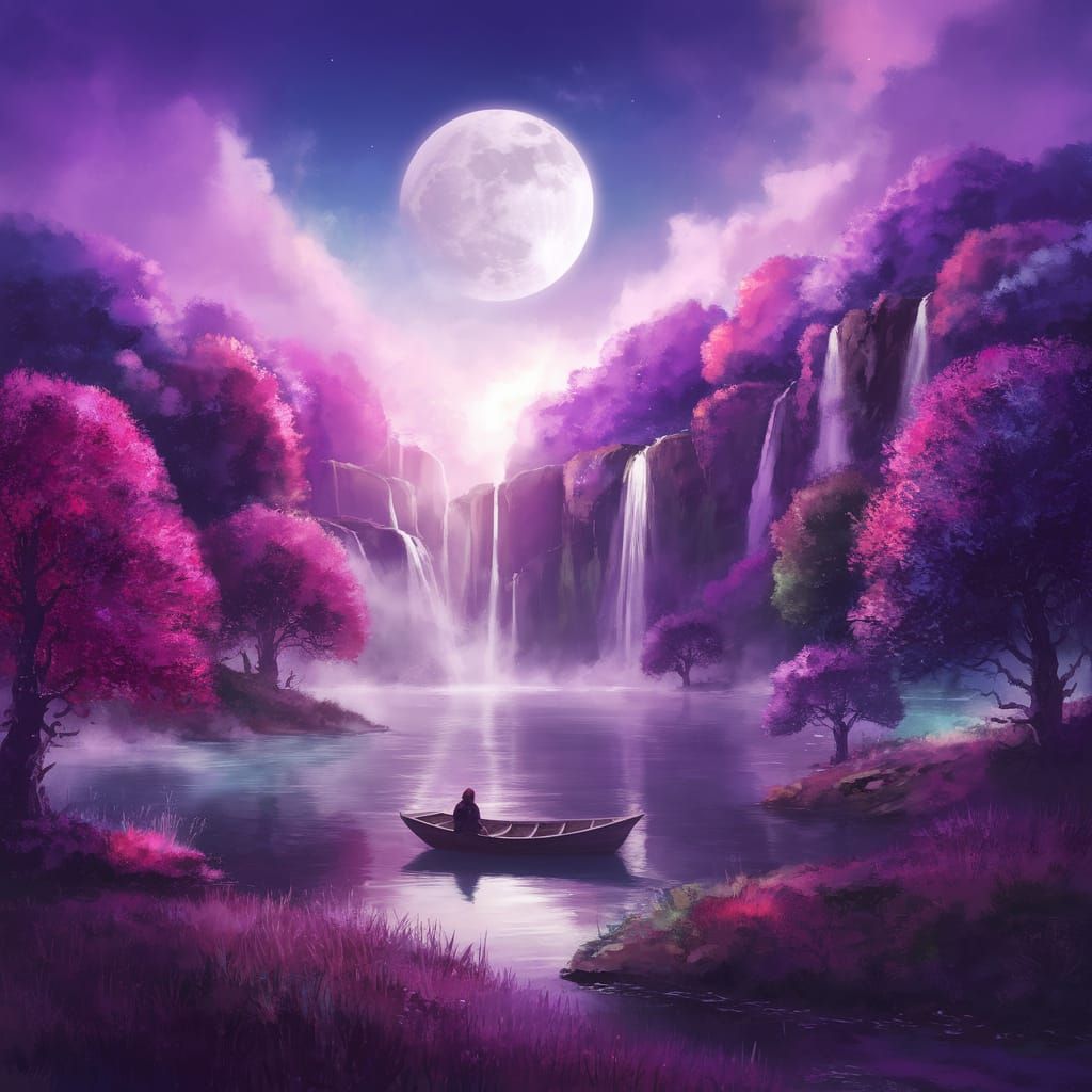 Dreamy Fantasy Landscape with Luminous Moon and Serene Lake