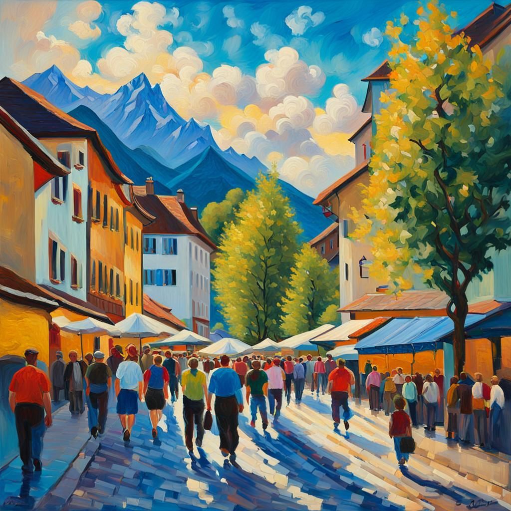 Bustling Vaduz Street Scene in Neo-Impressionist Style