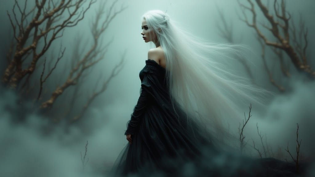 Woman with White Hair and Intense Gaze