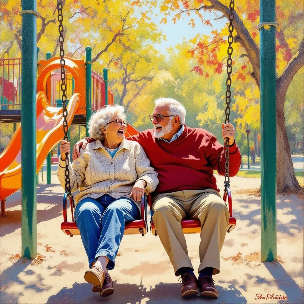 Elderly Couple Play on Swings as Impressionist Painting