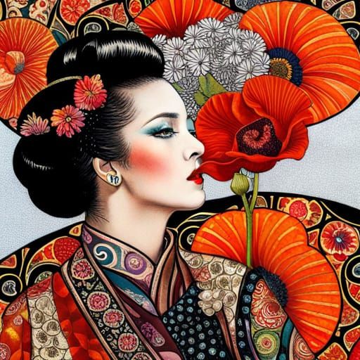 Geisha Girl Portrait in Scrapbook Collage Style