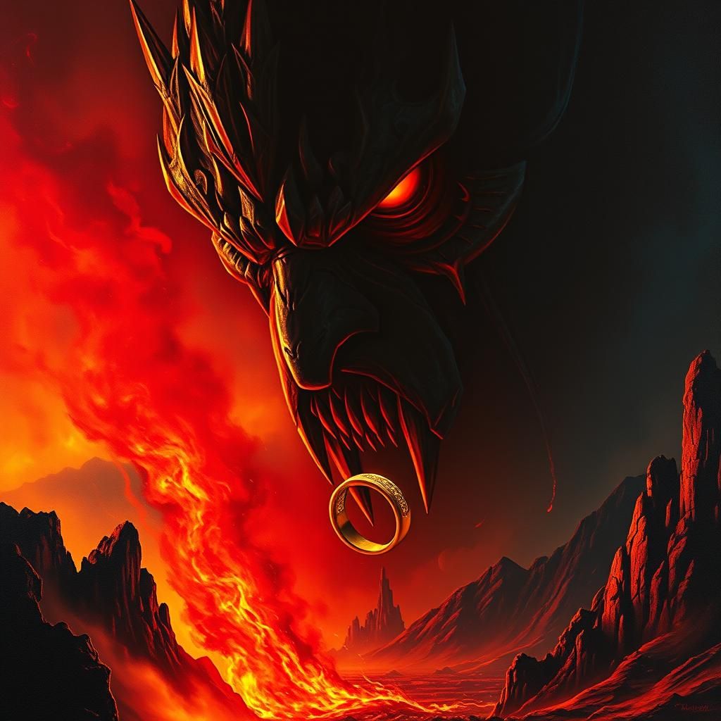 Sauron Looms Over Mordor: Dark Fantasy Oil Painting