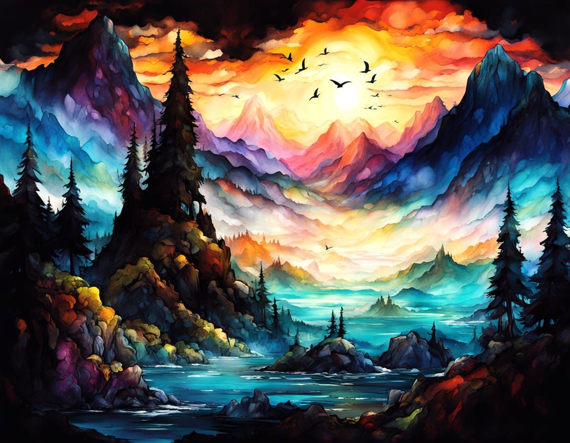 Magical Landscape in Mixed Media Alcohol Ink Style