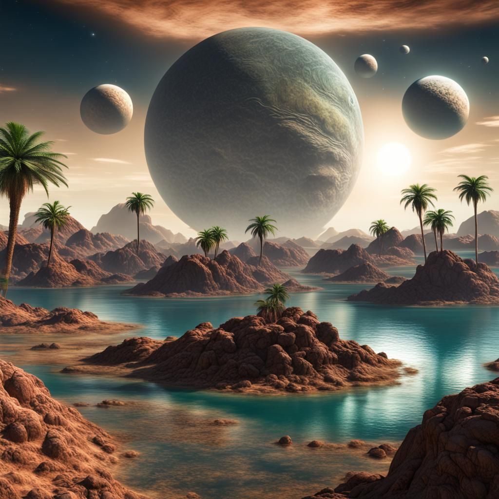 Alien Planet Island Oasis with Three Moons
