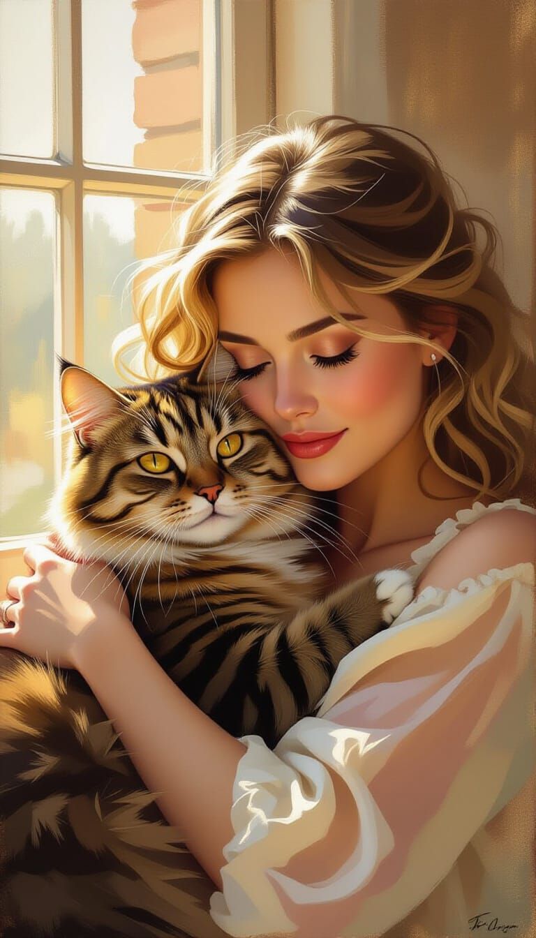 Woman Embraces British Shorthair Cat in Warm Sunlight