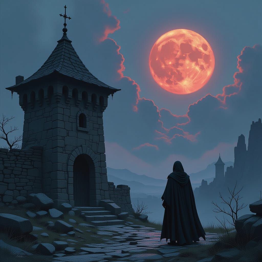 Cloaked Figure in Crumbling Guardhouse on Dying Planet