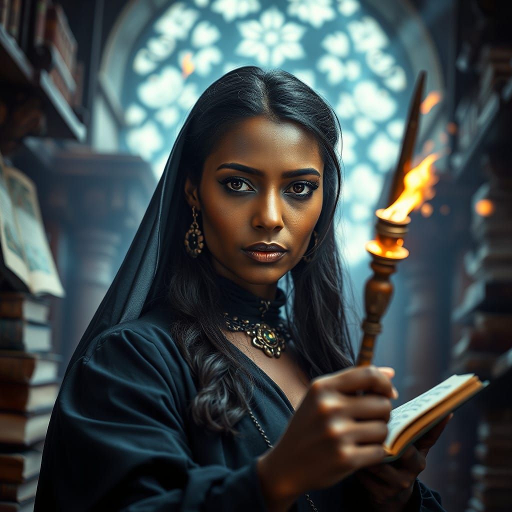 Enchanted Black Sorceress in Mystical Tower