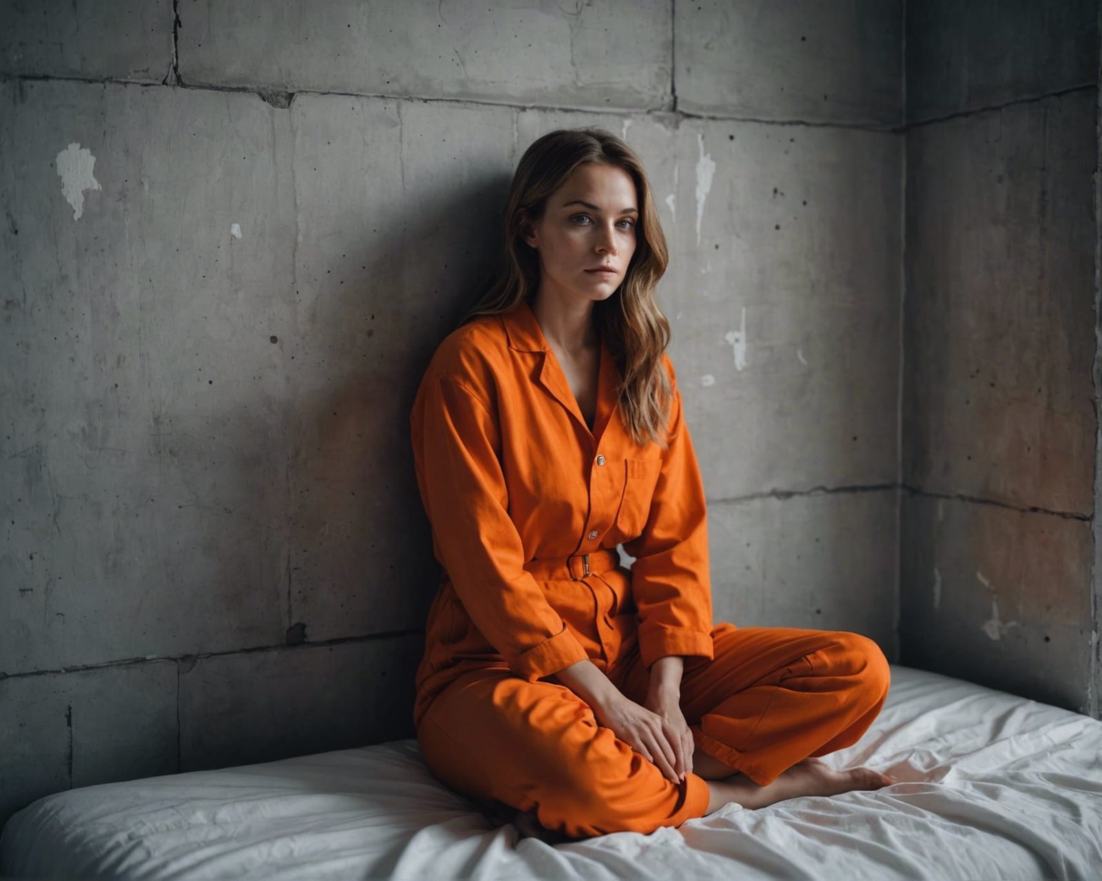 Woman in Orange Jumpsuit in Prison Cell