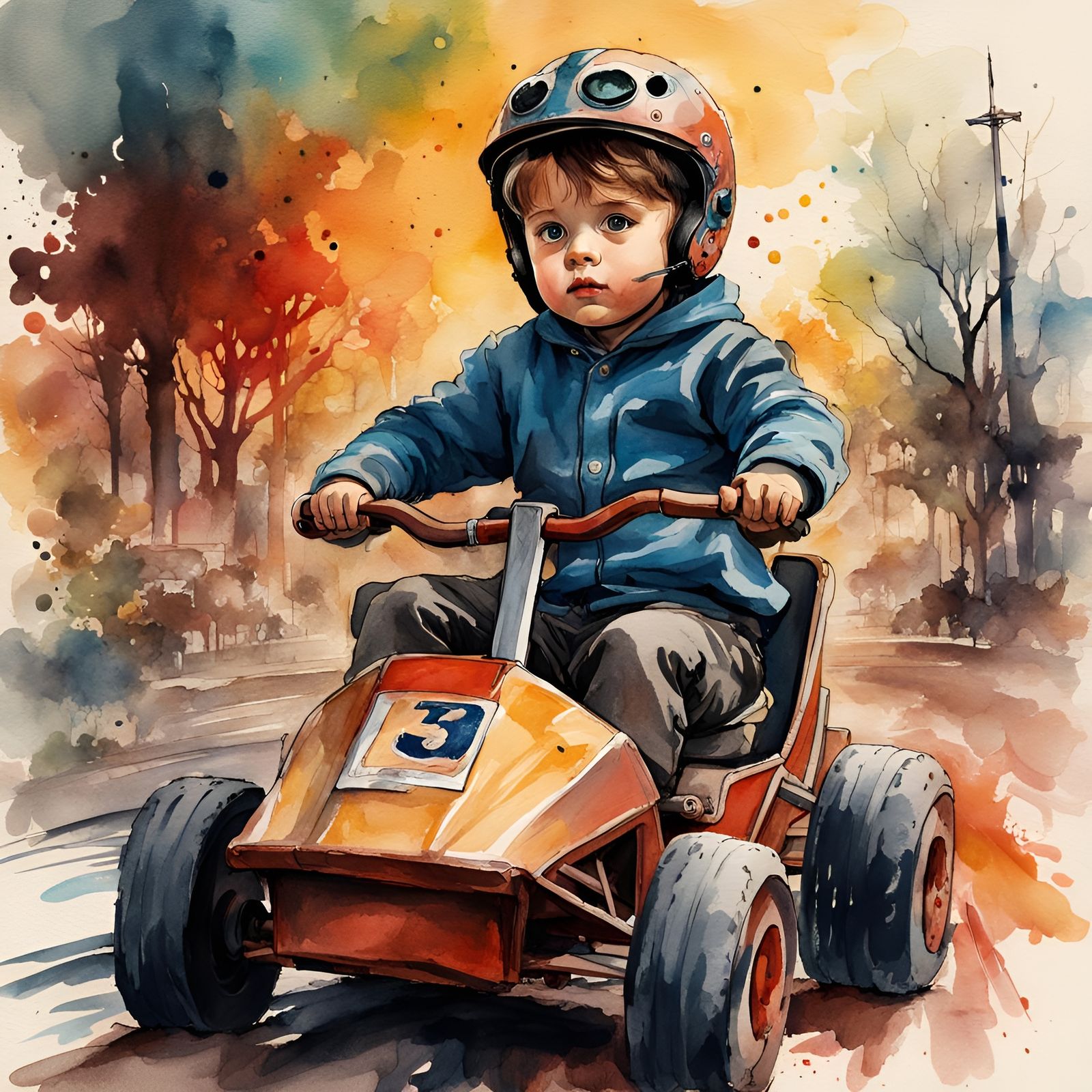 Boy Rides Go-Kart: Ink and Watercolor Illustration