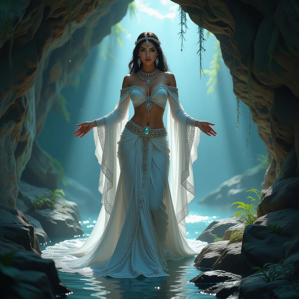 Crystalline Goddess Emerges from Grotto: Digital Art