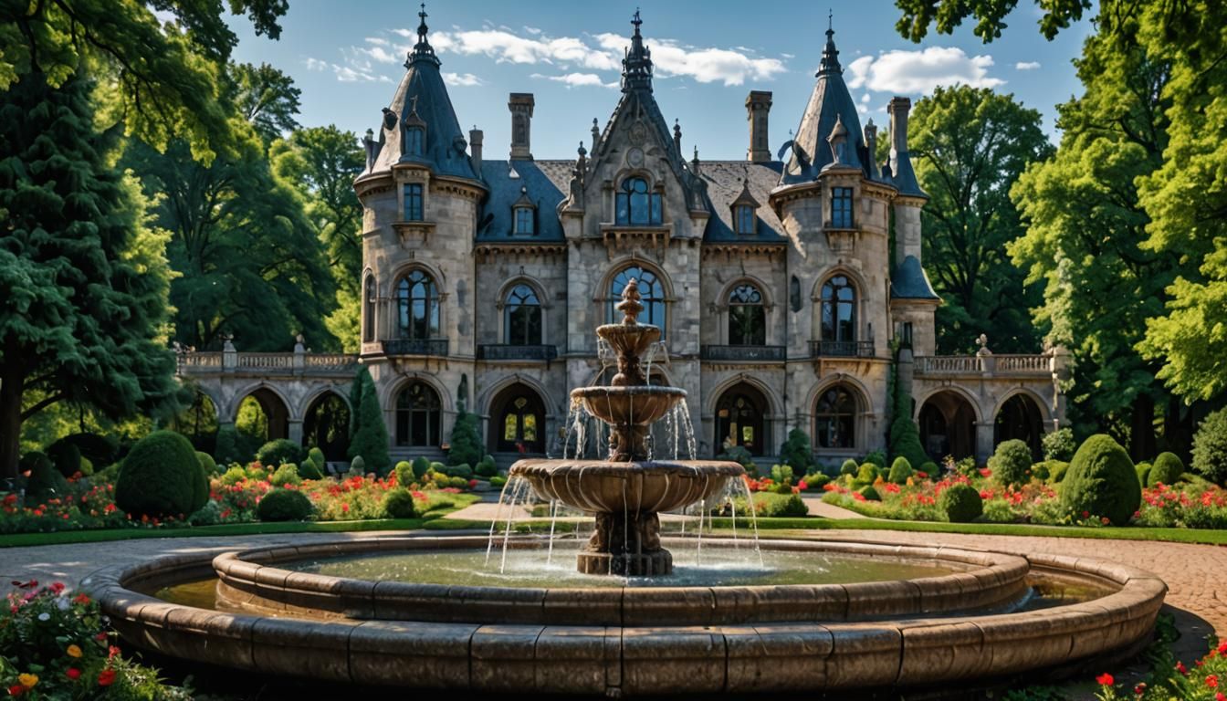 Gothic Mansion Fountain in Hyperrealistic Forest Park