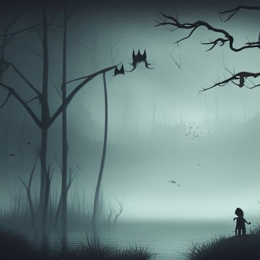 Creepy Lake in Dark Forest with Flying Monsters