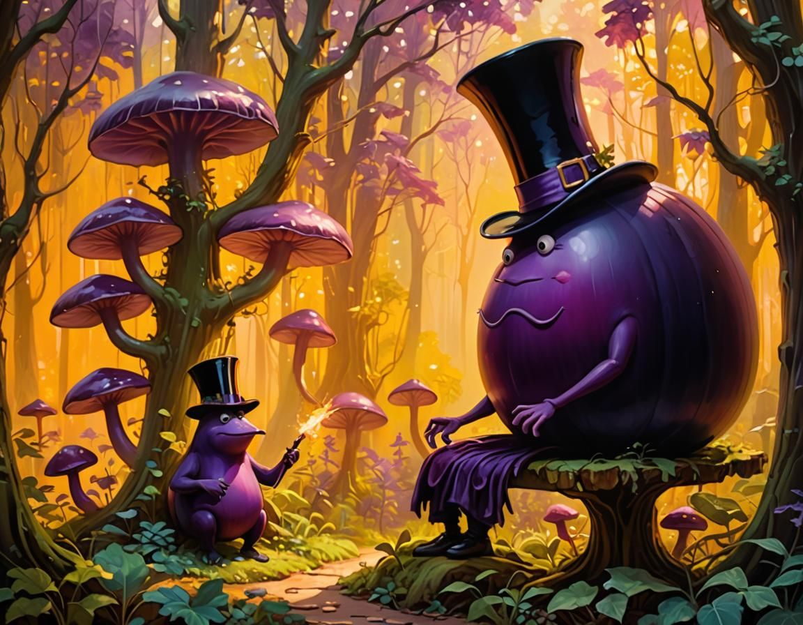 Fantasy Eggplant King in Impressionist Forest