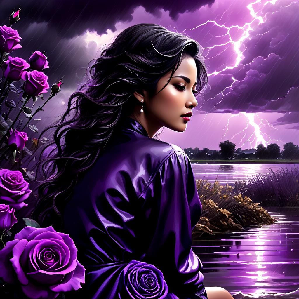 Ink Painting of Woman by Riverbank in Storm