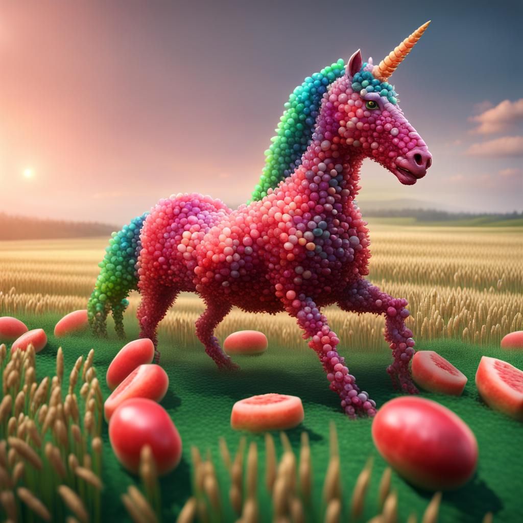 Jelly Bean Unicorn in a Wheat Field: Fantasy Art