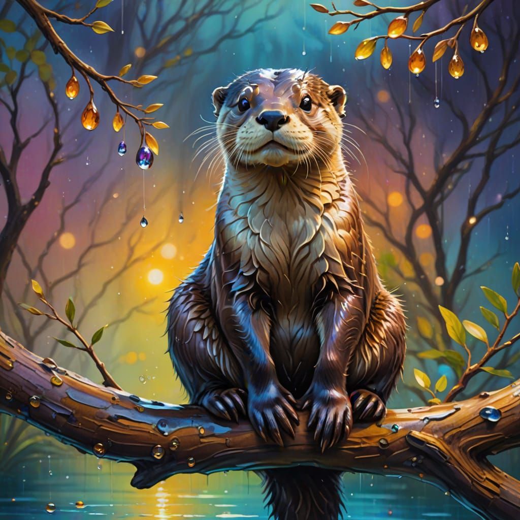 Whimsical Otter on Branch in Vibrant Oil Painting