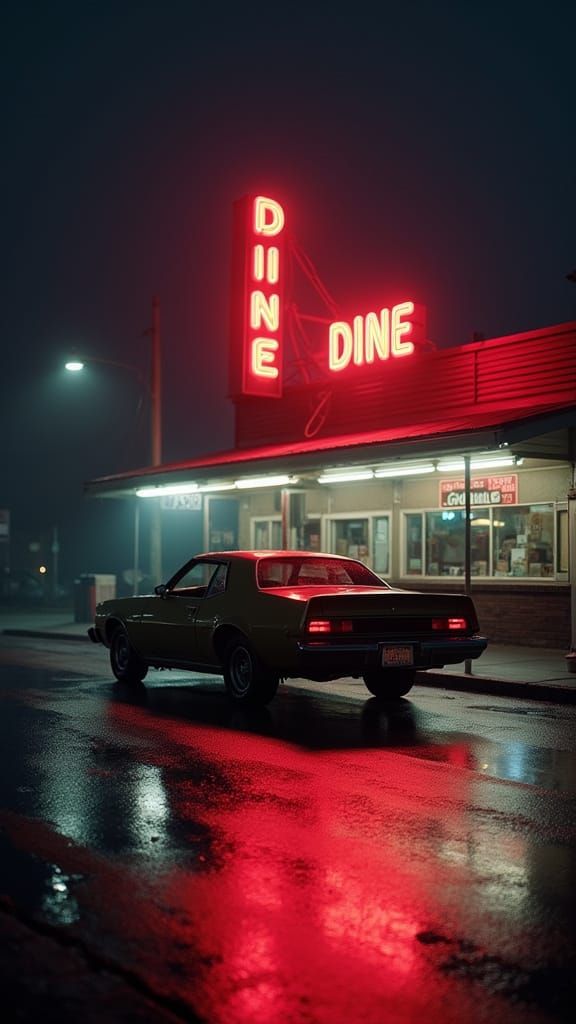 Neon Diner at Night: Cinematic Film Still