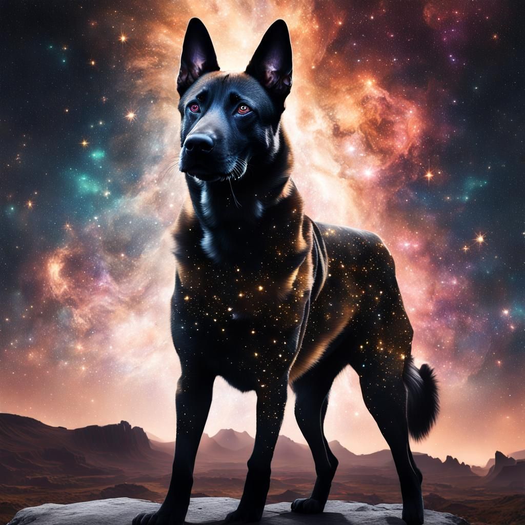 Belgian Malinois Galaxy Silhouette in Dark Fantasy
