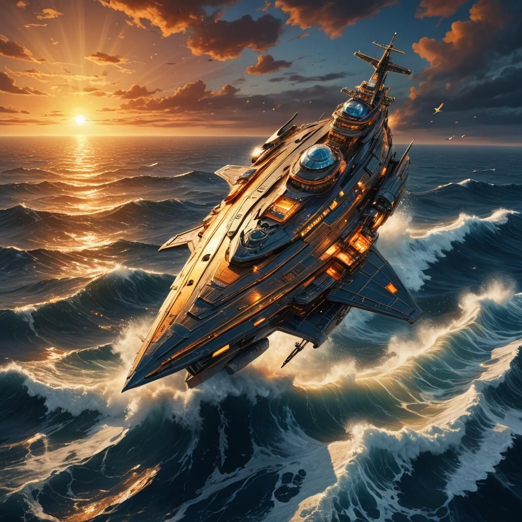 Starship Soaring Over Ocean at Sunset: Digital Art