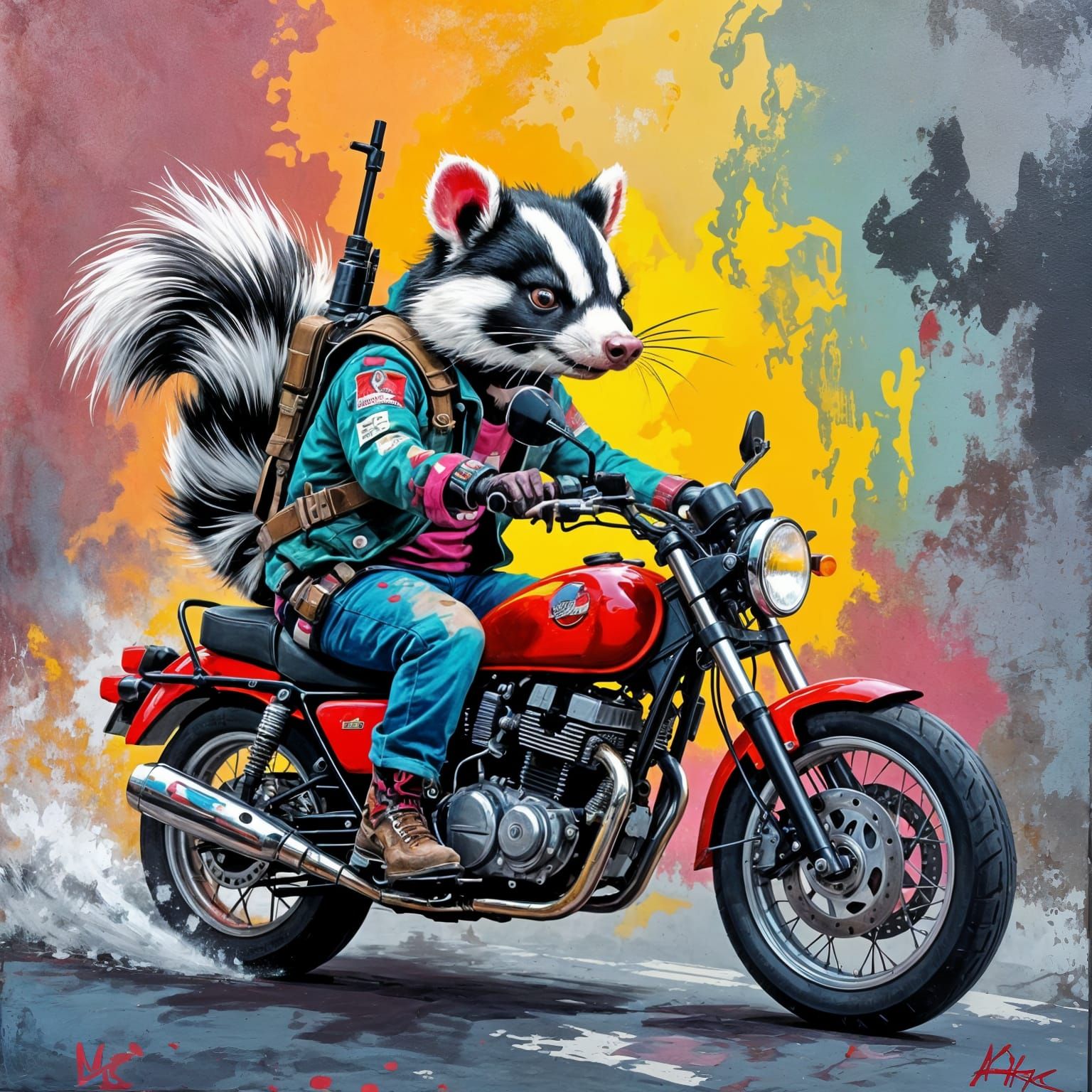 A drunk punky skunk with an AK47 on a motorbike graffiti art...