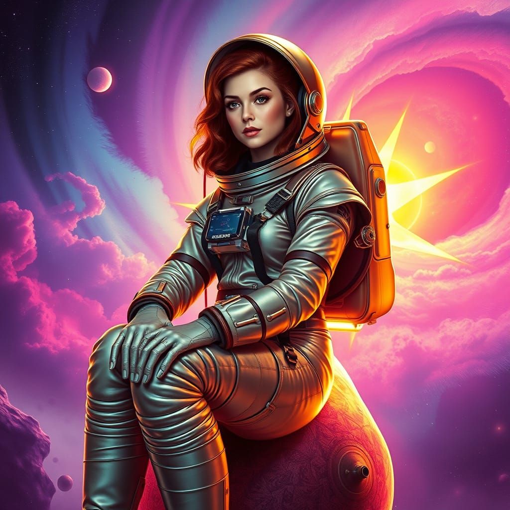 Retrofuturistic Astronaut Rides Blazing Star in Space