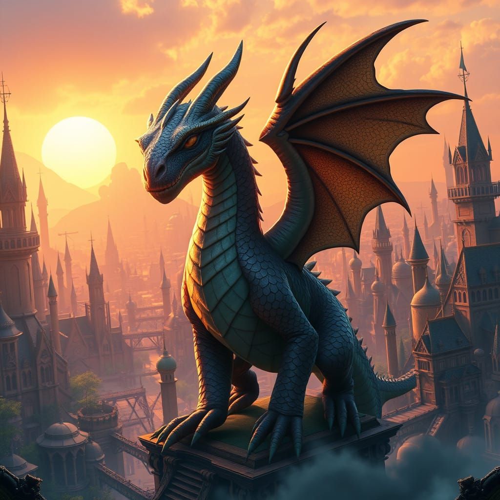 Majestic Dragon Soars in Vibrant Fantasy Cityscape