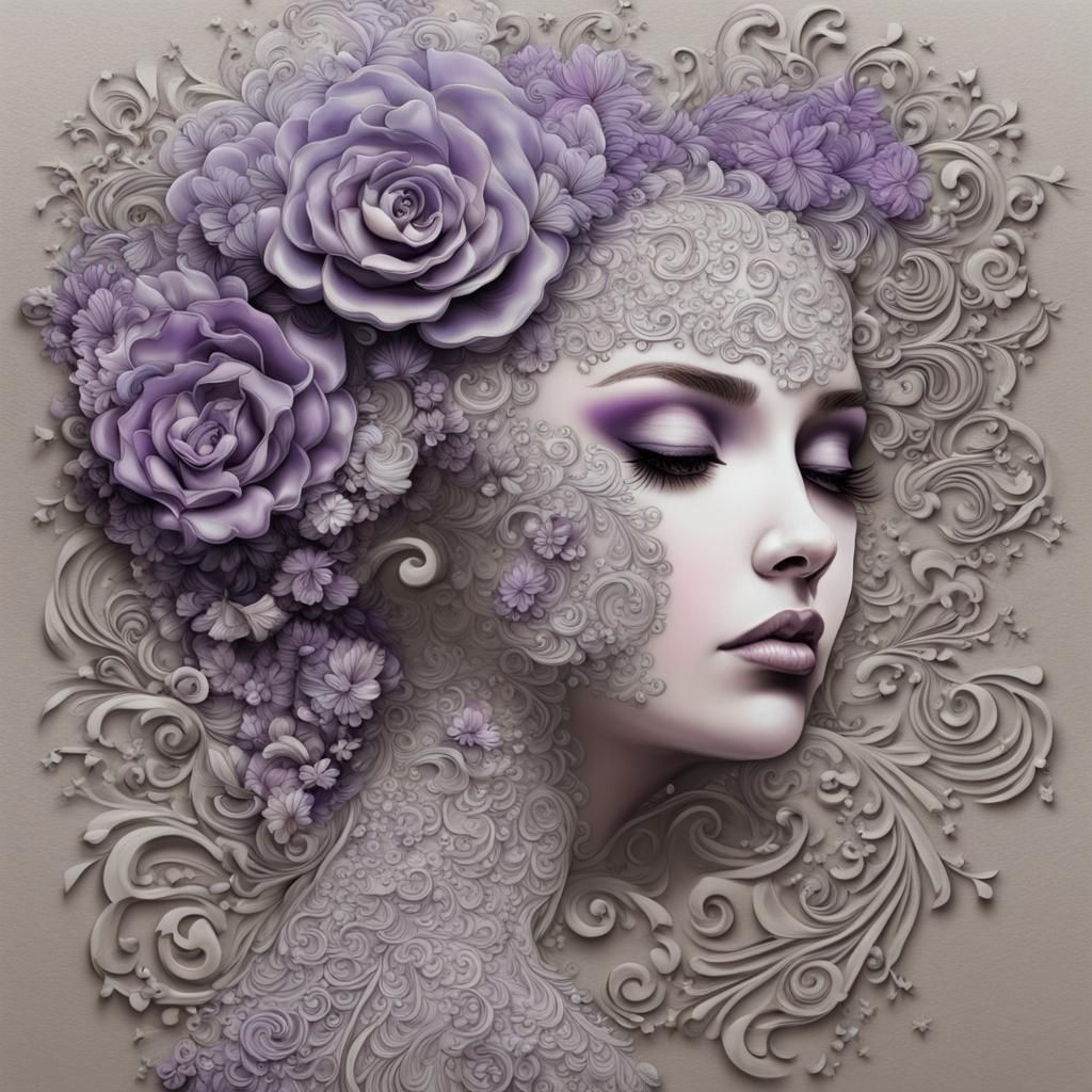 Embossed Oil Painting of Woman with Flowers