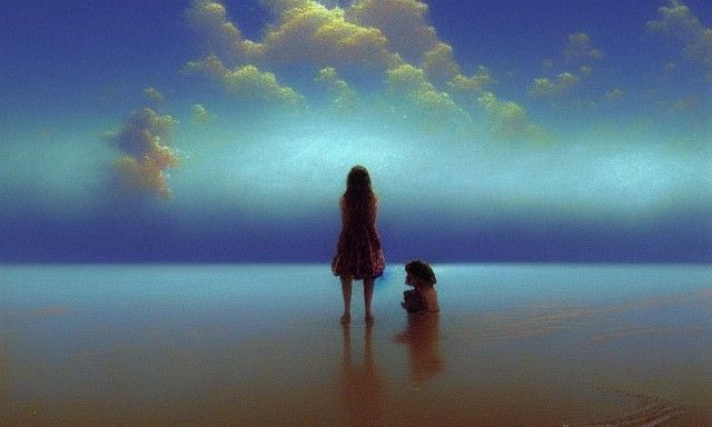 Couple on Alien Beach in Gouache Style
